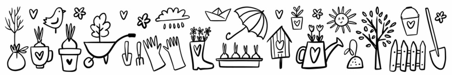 Horizontal illustration of gardening elements and symbols of spring, hand-drawn in doodle style
