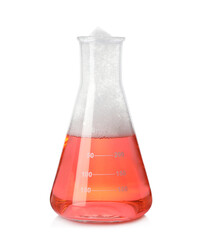 Laboratory flask with colorful liquid isolated on white. Chemical reaction