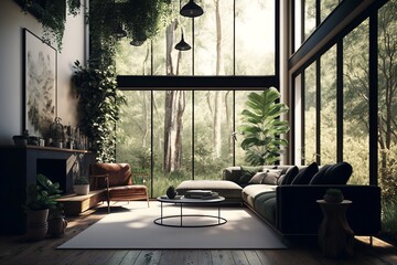 Modern living room in forest - Generative AI