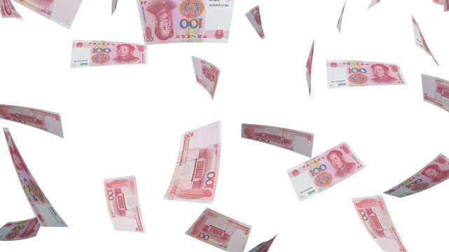 Several banknotes of money flying  on a white background. 100 yuans. China yuan. 3d rendering.