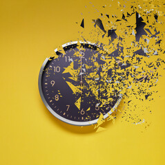 Fleeting time concept. Analog clock dissolving on yellow background