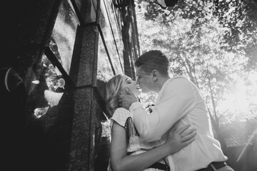 Beautiful couple smiling and posing in the city