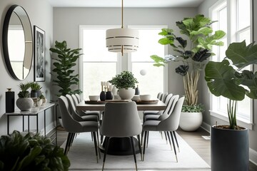 Modern dining room with plants - Generative AI