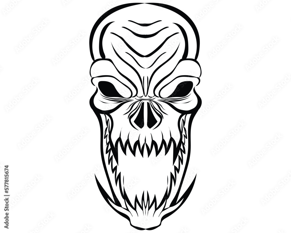 Poster black and white silhouette vector design of a skull head tattoo that is oval in shape with an angry 