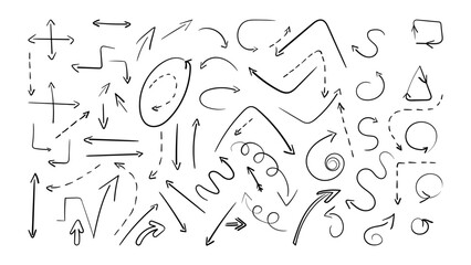 Set of doodle arrows. Hand drawn pointers of various directions. Freehand arrow collection. Up and dawn, right and left, swirl, circle shapes. Vector illustration