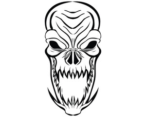 black and white silhouette vector design of a skull head tattoo that is oval in shape with an angry expression and is opening its mouth wide and showing its long sharp and sharp canine teeth