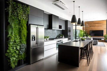 Modern kitchen interior with a wall of plants - Generative AI