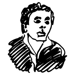 Portrait of a young man. French guy. Romantic hero. Hand drawn linear doodle rough sketch. Black silhouette on white background.