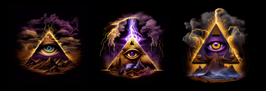 Set of eyes of Providence with pyramid and lightning. AI generative.