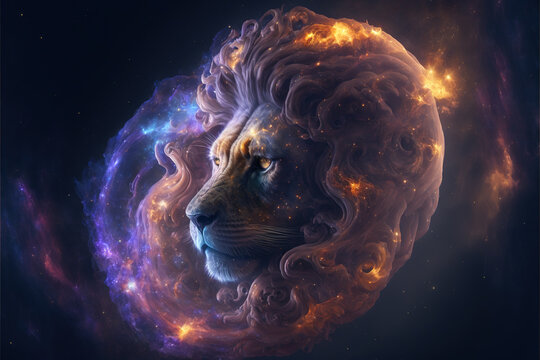 Lion in the cosmic space background Generative AI