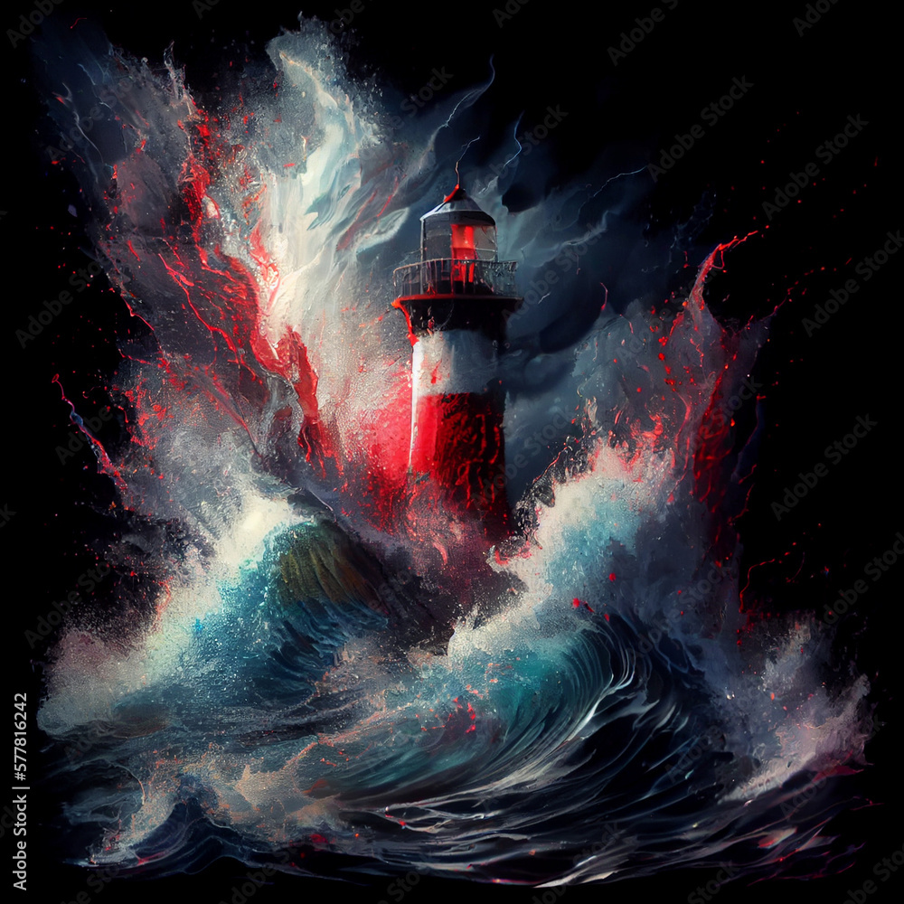 Aufkleber lighthouse with multicolored paints splash. ai generative.