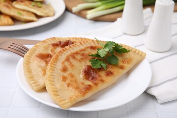 Delicious fried cheburek with cheese and parsley on white tiled table