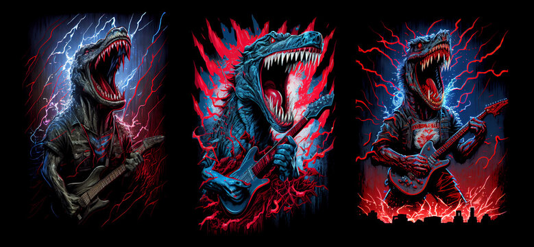 Angry dinosaur with guitar in American style. Rock concert. AI generative.