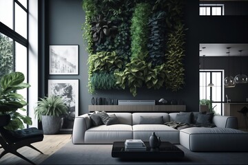 Modern living room with wall of plants - Generative AI