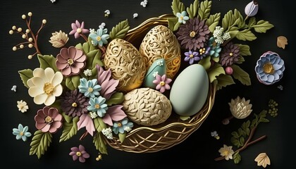easter, basket, eggs, flowers, spring, holiday, celebration, decoration, pastel, color, design, adobe stock, ai generative, illustration.