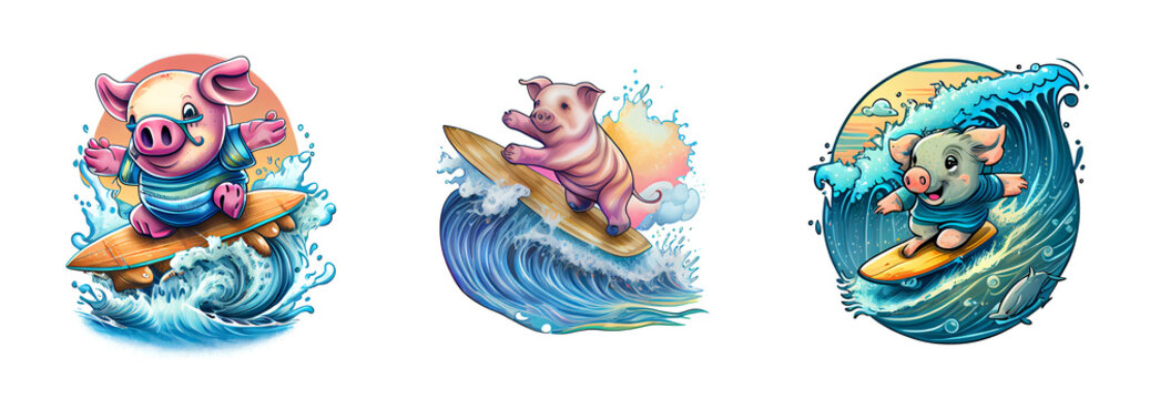Baby piglet doll surfing rainbow wave. AI generative.