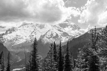 Obraz premium snow covered mountains with forests and clouds