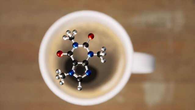 Structural chemical formula of caffeine molecule. 3D animation