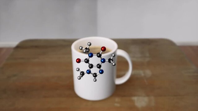 Structural chemical formula of caffeine molecule. 3D animation