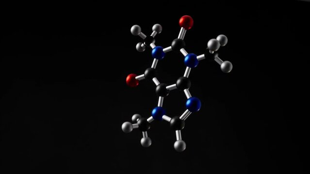 Structural chemical formula of caffeine molecule. 3D animation