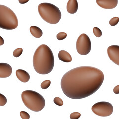 Many chocolate eggs falling on white background