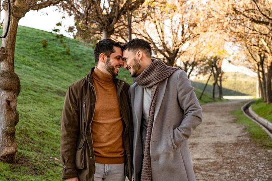 Gay couple smiling at each other
