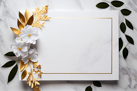 White paper laying on white and gold luxury marble. generative AI