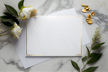 White paper laying on white and gold luxury marble. generative AI