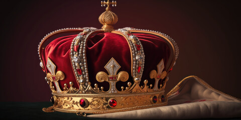 British Royal golden crown with jewels on red background. Symbols of UK United Kingdom monarchy. Generative AI	
