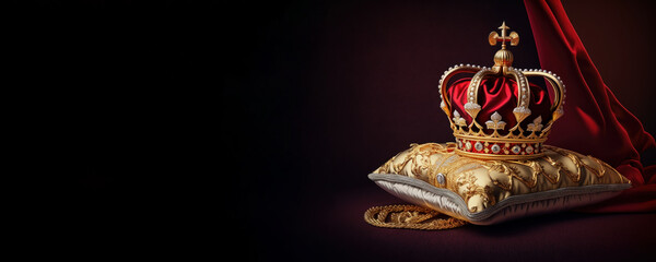 Illustration of Royal golden crown with jewels on golden pillow on red background. Symbols of UK United Kingdom monarchy. Copyspace on the left side of the frame.  Generative AI - obrazy, fototapety, plakaty