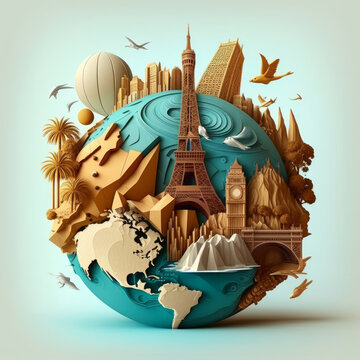 a little planet illustration of Earth surrounded by different known landmarks: Eiffel Tower, Pyramids of Giza, Statue of Liberty, Collosseum, Big Ben and others on plain background. Generative AI