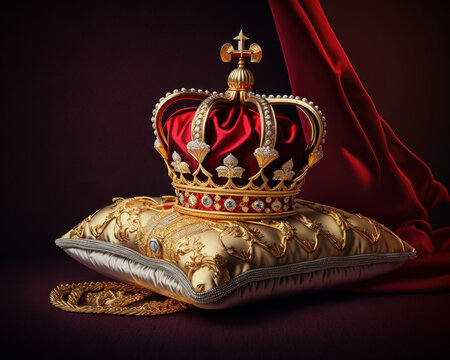 Illustration of Royal golden crown with jewels on golden pillow on
