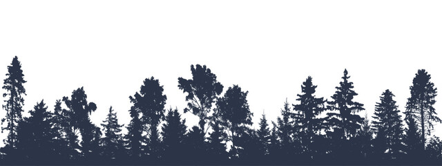 Panorama of beautiful forest, silhouette of firs, pines and different deciduous trees. Vector illustration.