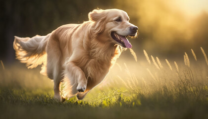 Happy golden retriever dog running in field at sunset. Generative ai - 577819050