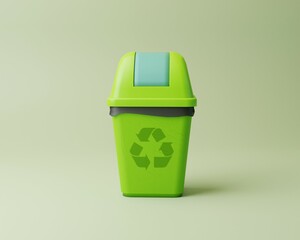 Green recycle bin with recycle sign. Isolated on light green background. Cartoon minimal style. 3d rendering illustration