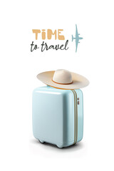 Time to travel, simple poster, mint blue suitcase with straw hat on top, AI generative