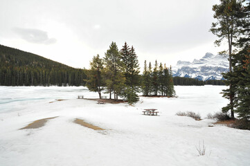 overcast winter landscape with trees mountain and picnic area at Two Jack Lake, Alberta, 