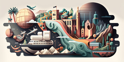 state illustration for a tech company, a stylized illustration of a city surrounded by mountains. Generative AI