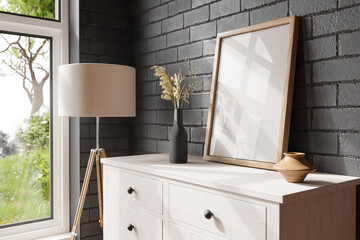 wooden rustic dresser wardrobe standing in room corner; bright daylight shining  from large window; empty mock up poster frame standing on furniture; home decoration desing; 3D Illustration