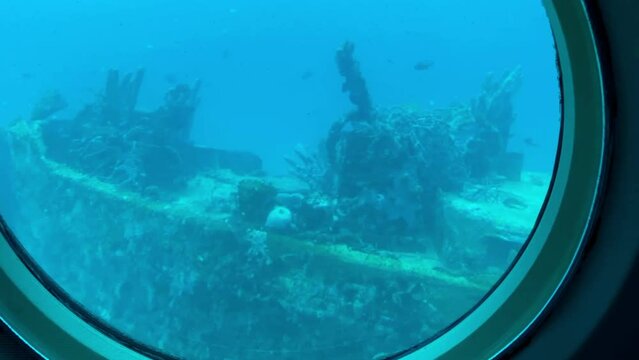 Aruba: View from viewing portals on Atlantis VI Submarine. Canadian passenger submarine company. Interior of the tourist submarine Atlantis whilst submerged. Sunken ship makes coral reef.