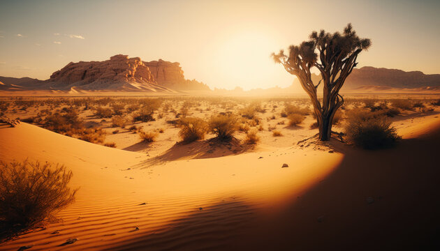 desert with dry plants, nature in the sun, sunset Generative AI, Generativ, KI