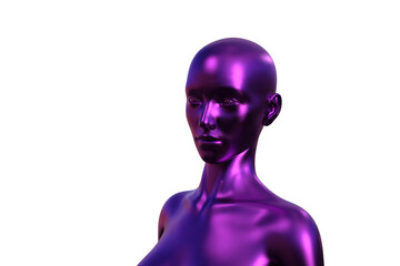 3d illustration. Portrait of a violet bald woman on a white background. 