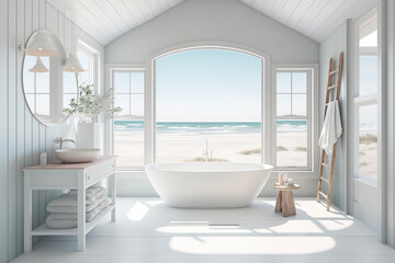 Fototapeta na wymiar mockup bathroom beach house style 3d render