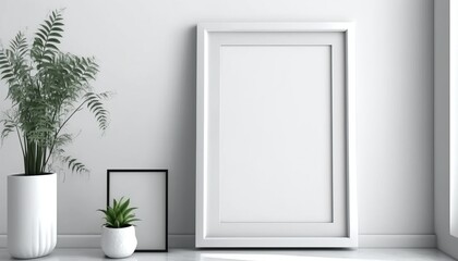 Fototapeta na wymiar Blank picture frame mockup on white wall. Modern living room design. Generative AI.