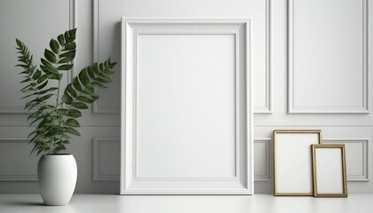 Blank picture frame mockup on white wall. Modern living room design. Generative AI.