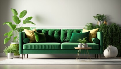 Bright large living room with green couch. Modern interior design. Space beige background for mockup. Generative AI.