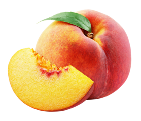Ripe whole peach fruit with green leaf and slice isolated on transparent background. Full depth of field.