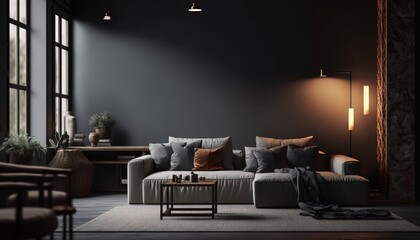 Dark cozy interior background, loft style living room. Generative AI.