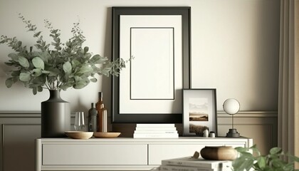 Blank picture frame mockup on white wall. Modern living room design. Generative AI.