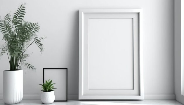 Blank picture frame mockup on white wall. Modern living room design. Generative AI.